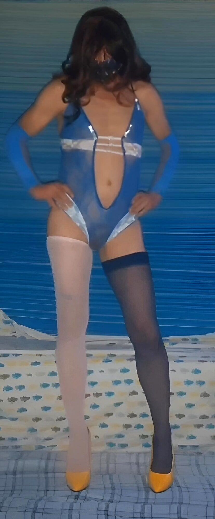 My blue and white suit with pink and blue stocking mix #16