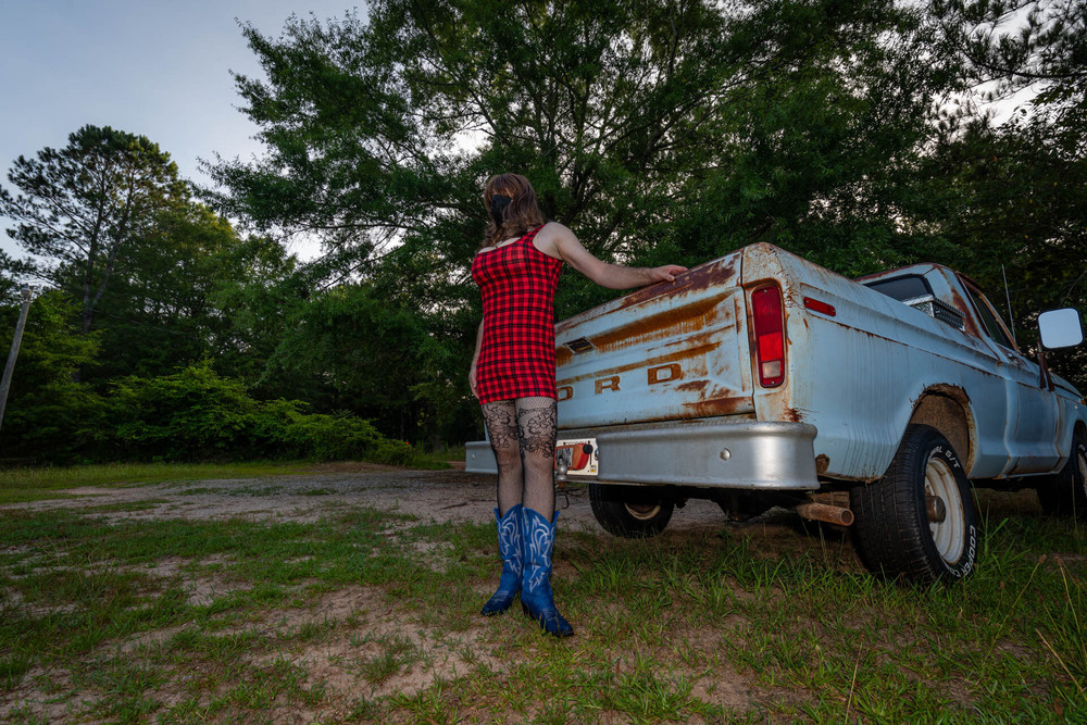 Jon Scarecrow Big Fake tits Crossdresser in Snug Plaid Dress #4