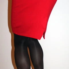 Red miniskirt and black pantyhose