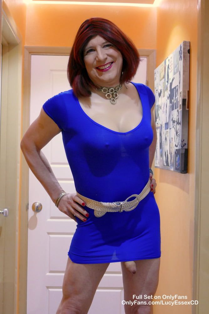 Sissy Lucy showing off big cock and tits in tight blue dress #8