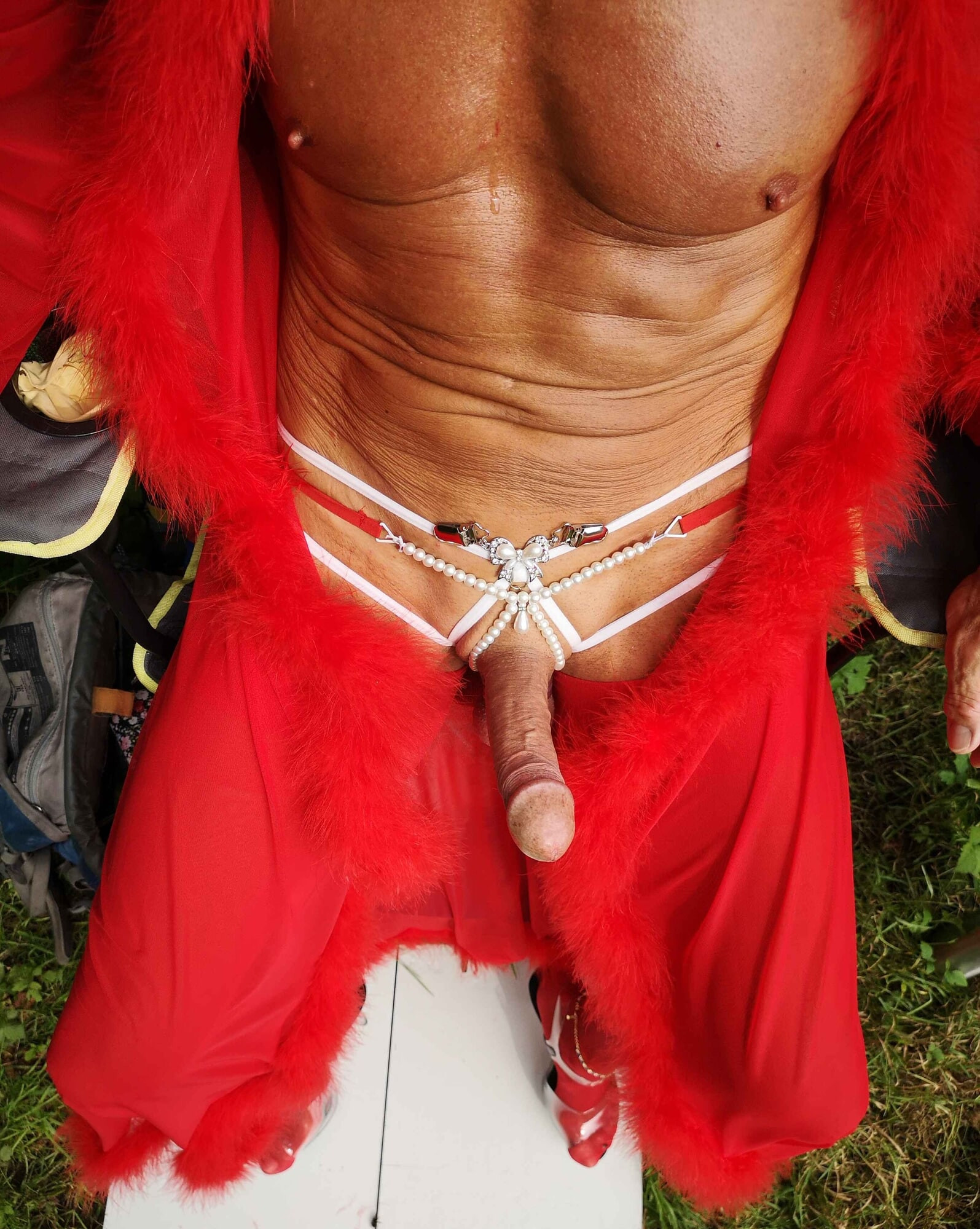 Boner in red Nylon at public Nudist Lake