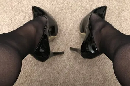 black tights heels close up         