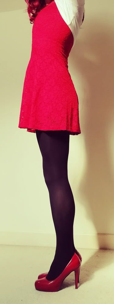Marie crossdresser in red dress and opaque tights #17
