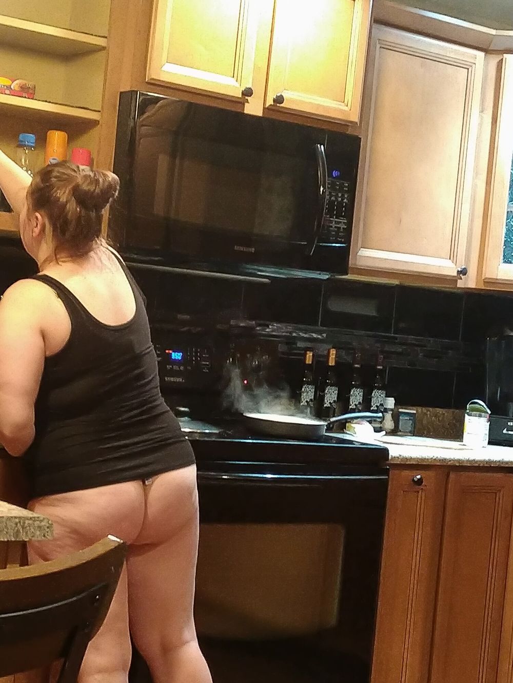 Sexy chubby wife cooking in thong  #15