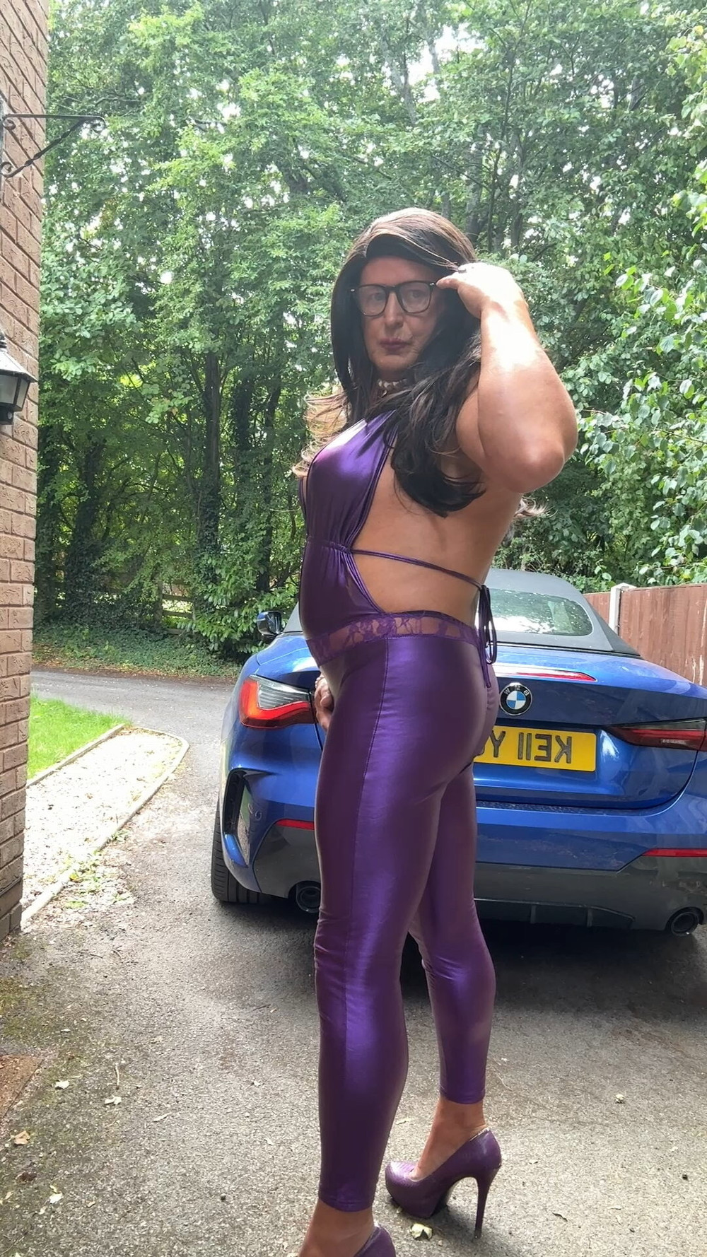 Sexy Crossdresser kellycd2022 in purple pvc catsuit and heel #24