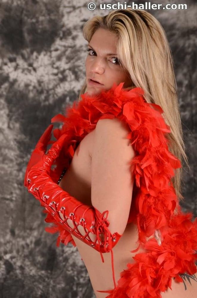 MILF Arabella May in red high boots, gloves & feather boa #42