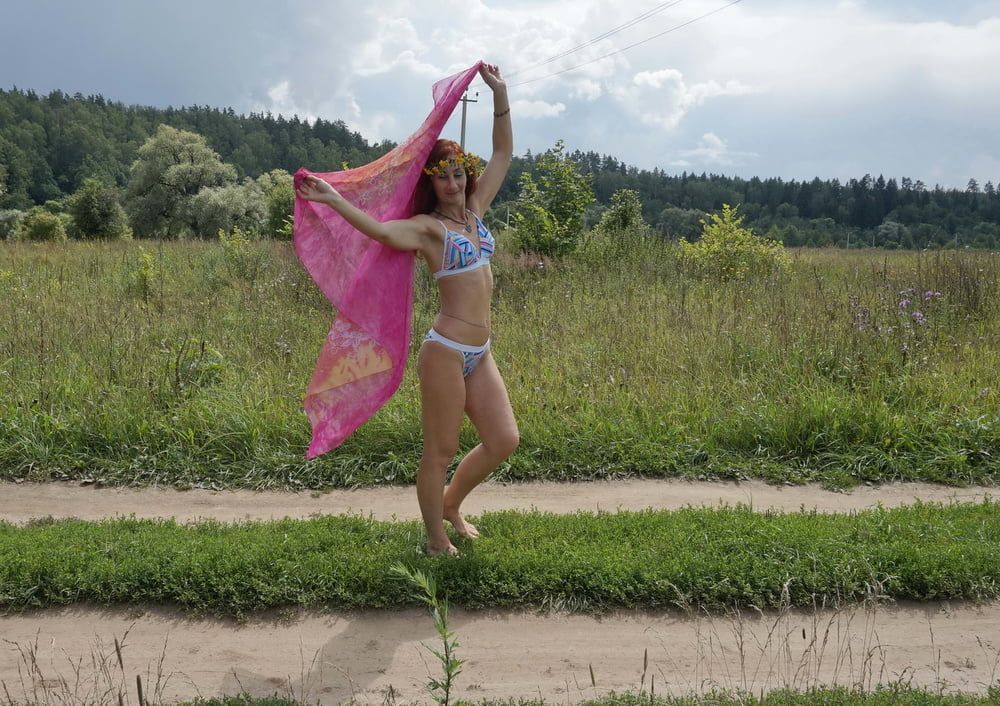 With a pink shawl