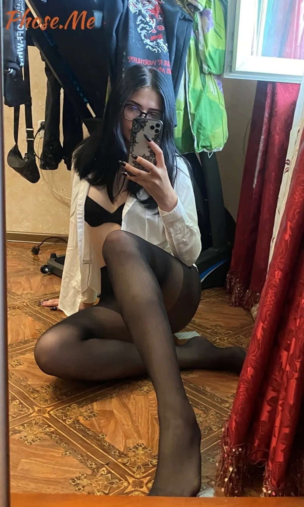 Nerdy Brunette Babe Michelle In Pantyhose Taking Selfies #14