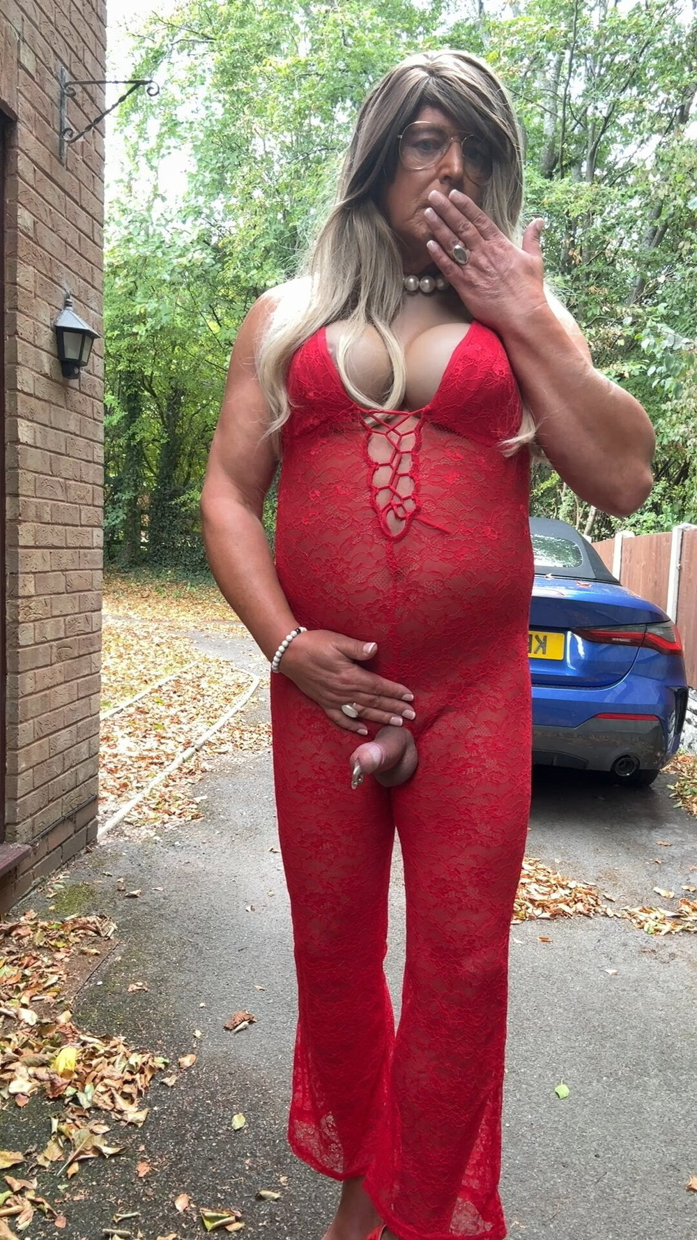 Sexy Crossdresser kellycd2022 in red lace jumpsuit and heels #60