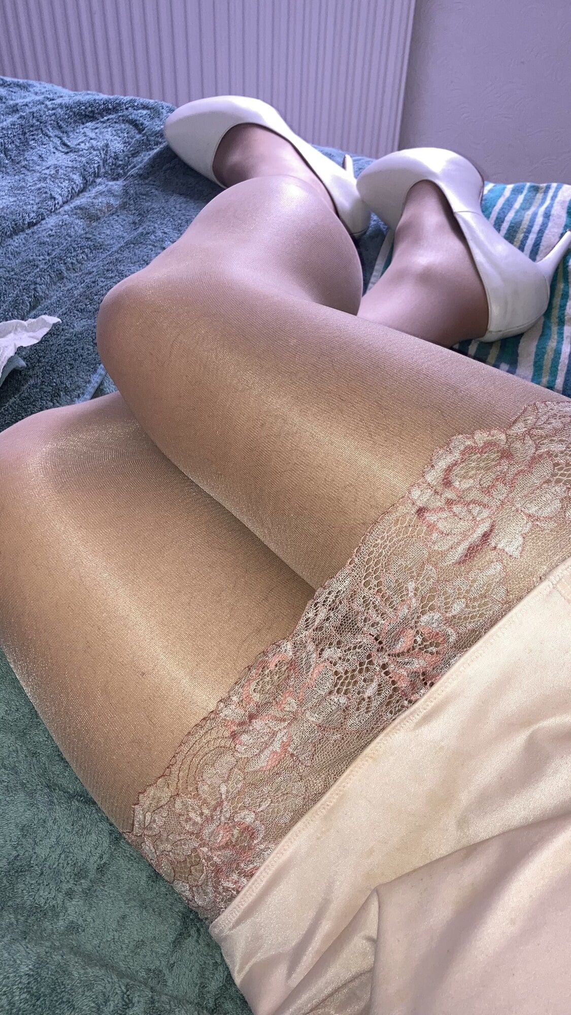 My legs in shiny glossy tights and sexy high heels #16