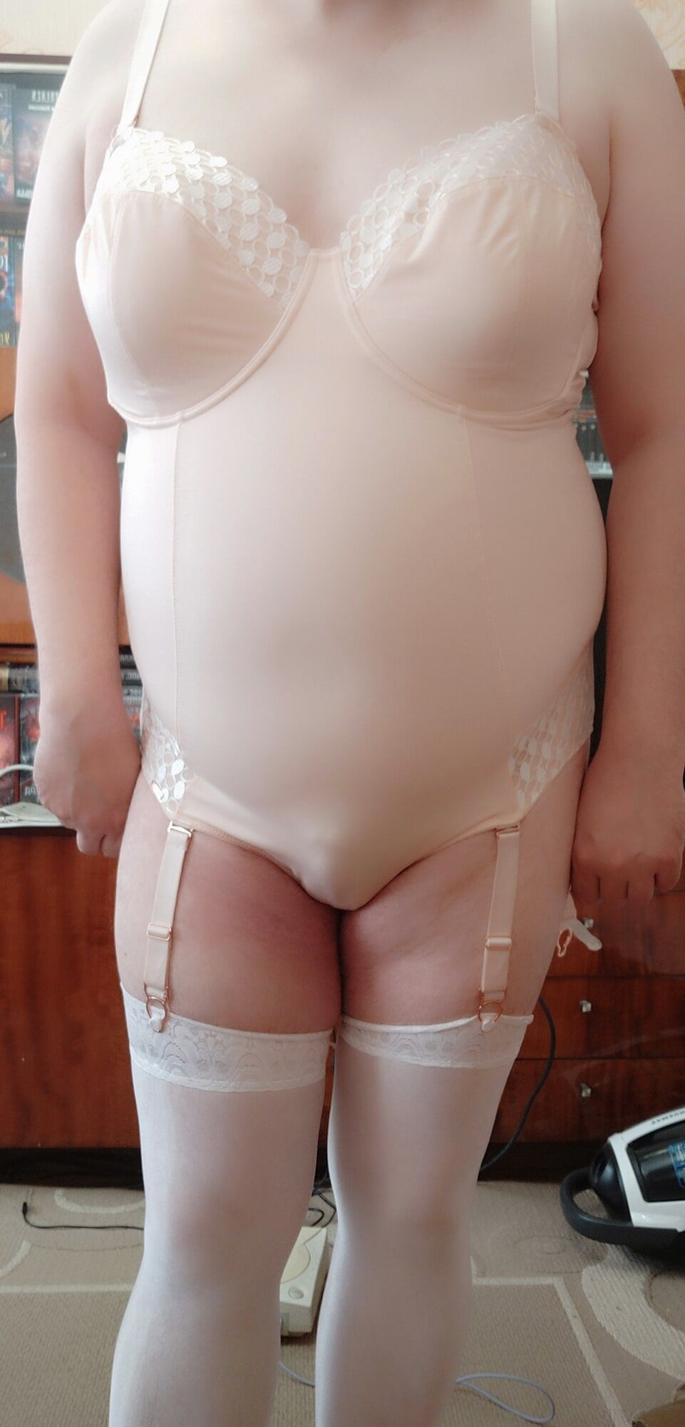 sissy Aleksa posing in new white bodysuit and stockings #37