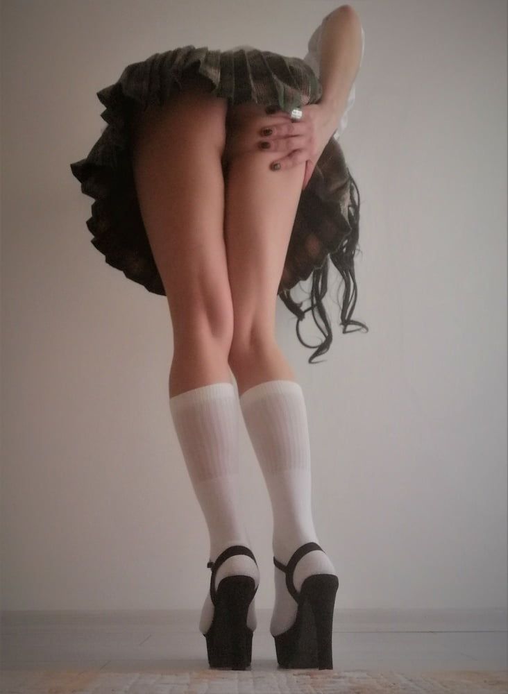 Sissy School Girl, Black High Heels & Skirt #11