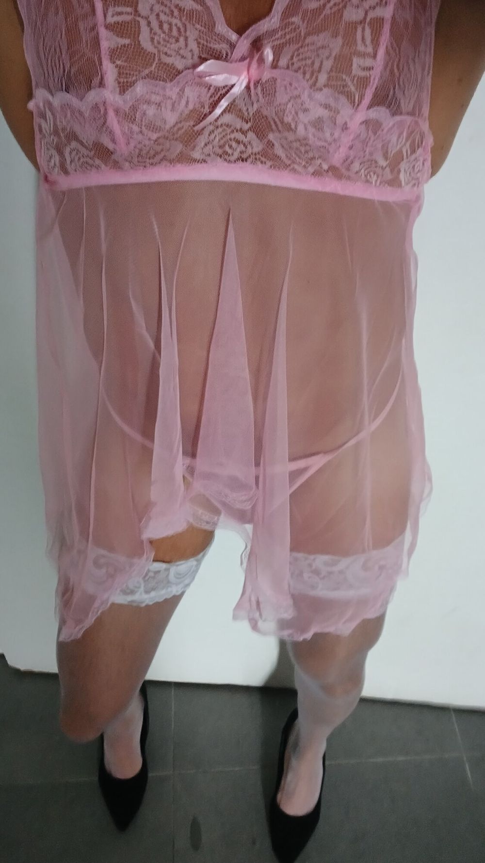 Transparent Pink nightie &amp;white stoking high heels  #29