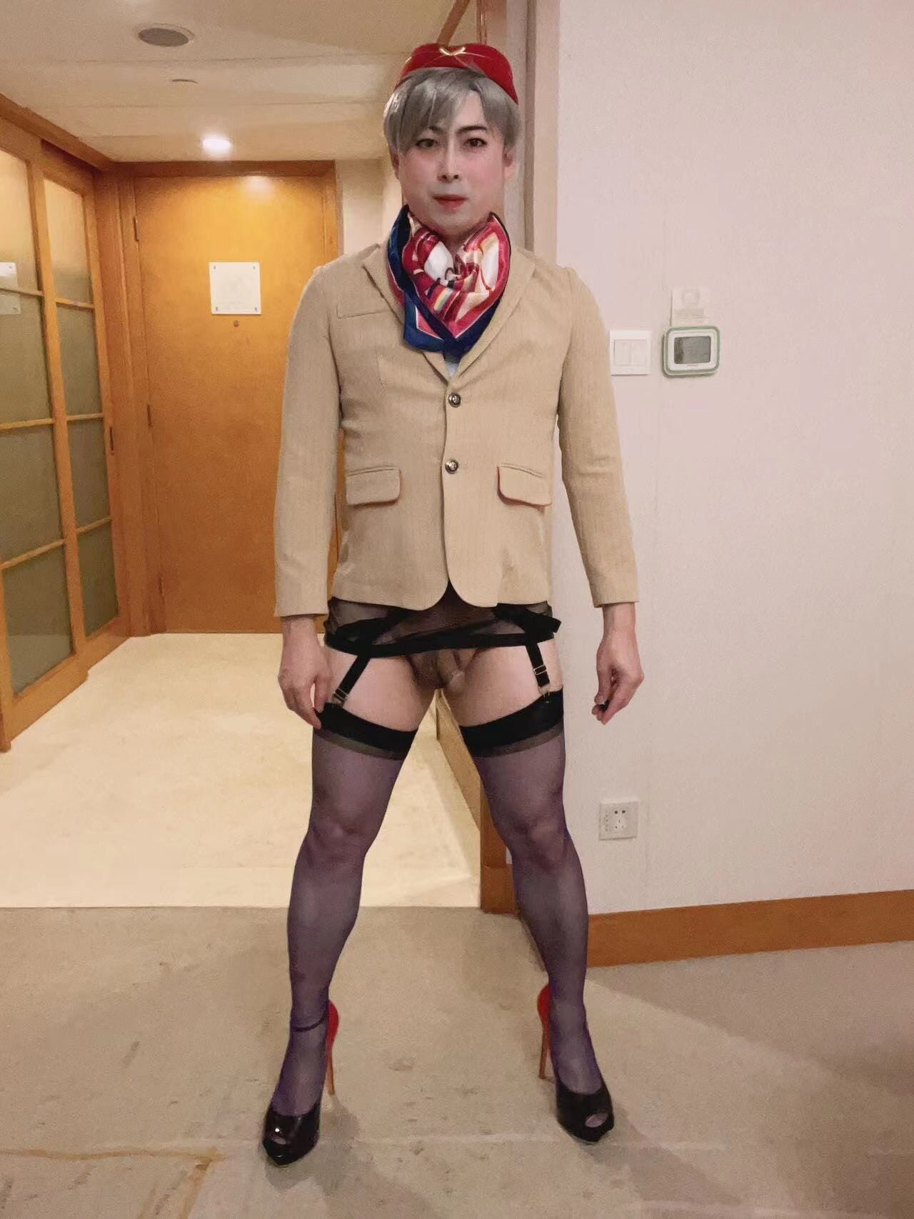 Asian femboy sissy in Emirates Cabin Crew dress(P2) #9