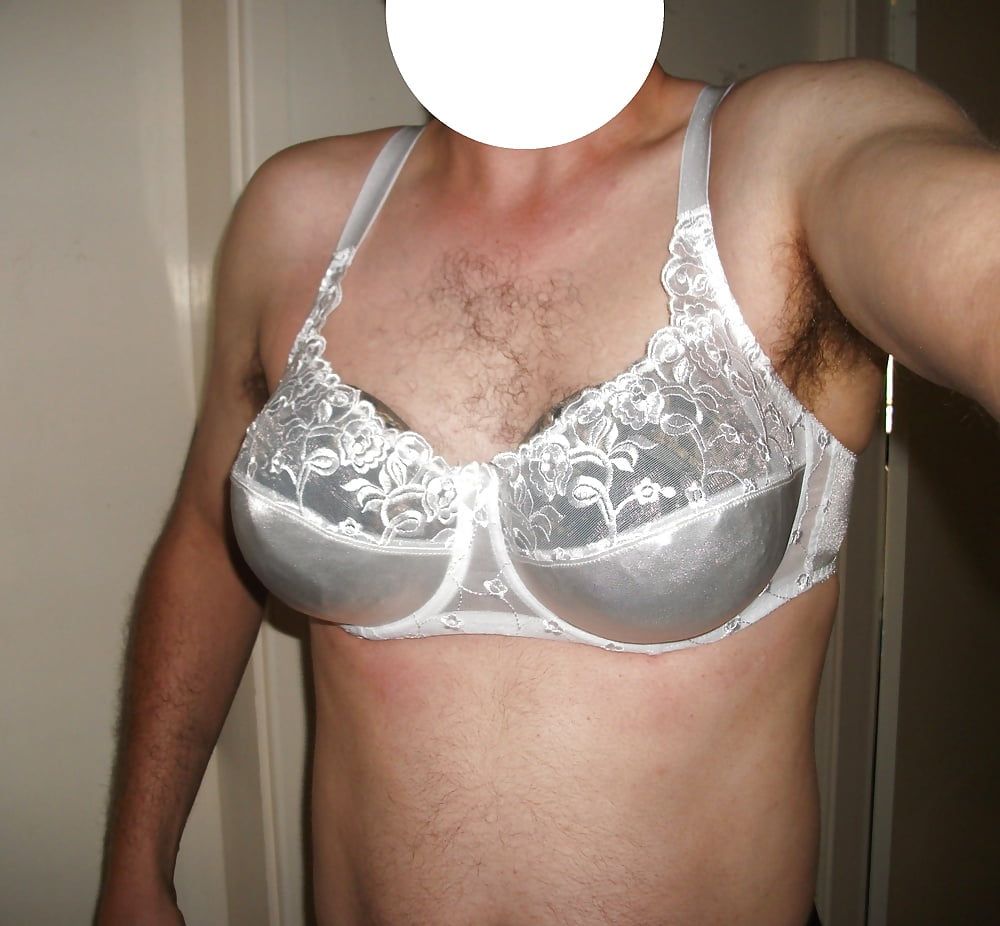 Crossdressing in a white bra and black panties, stockings. #2