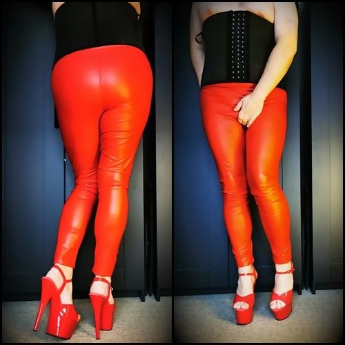 Red Leggings & Red Pleaser Heels