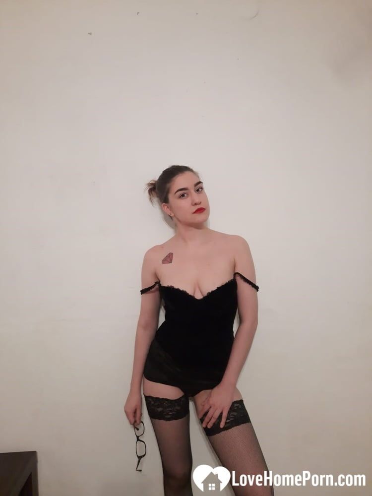 Beautiful college girl teasing in black stockings #14