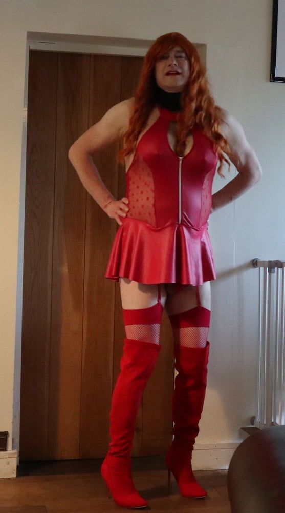 transgender in red lingerie and red thigh boots #3