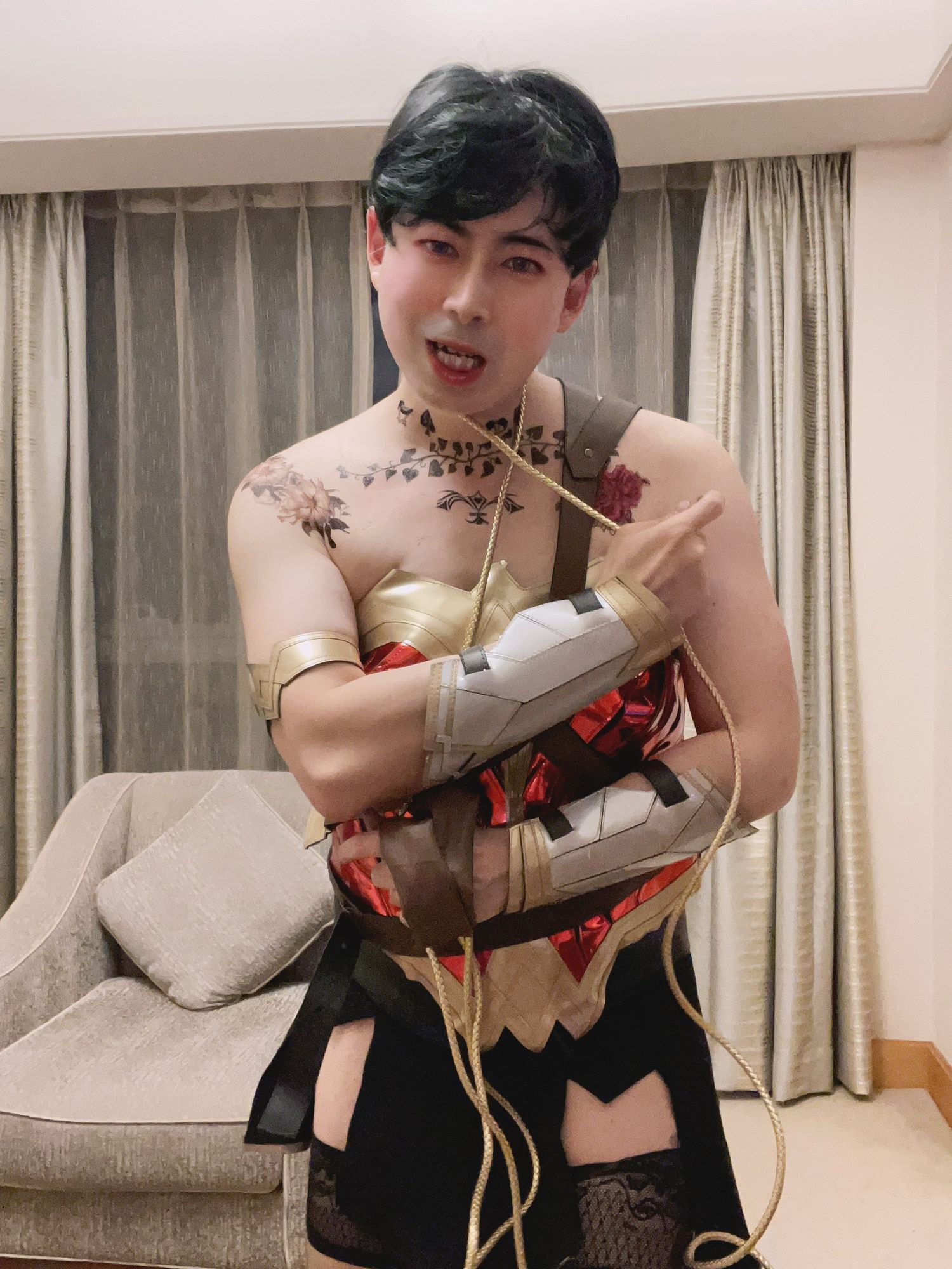 Asian sissy slut in wonder woman custome with tattoo #8