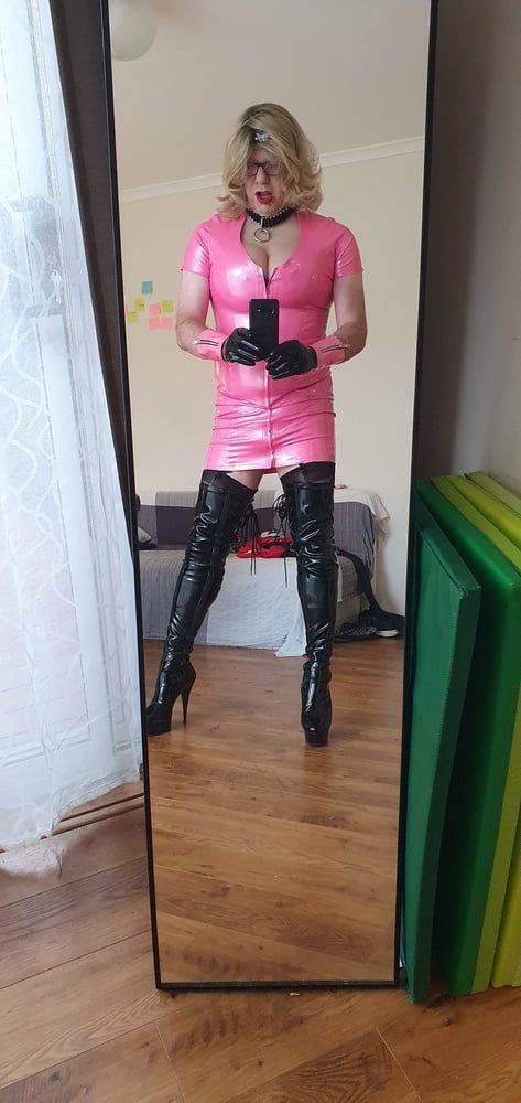 Rachel in pretty pink latex, black thigh boots #3