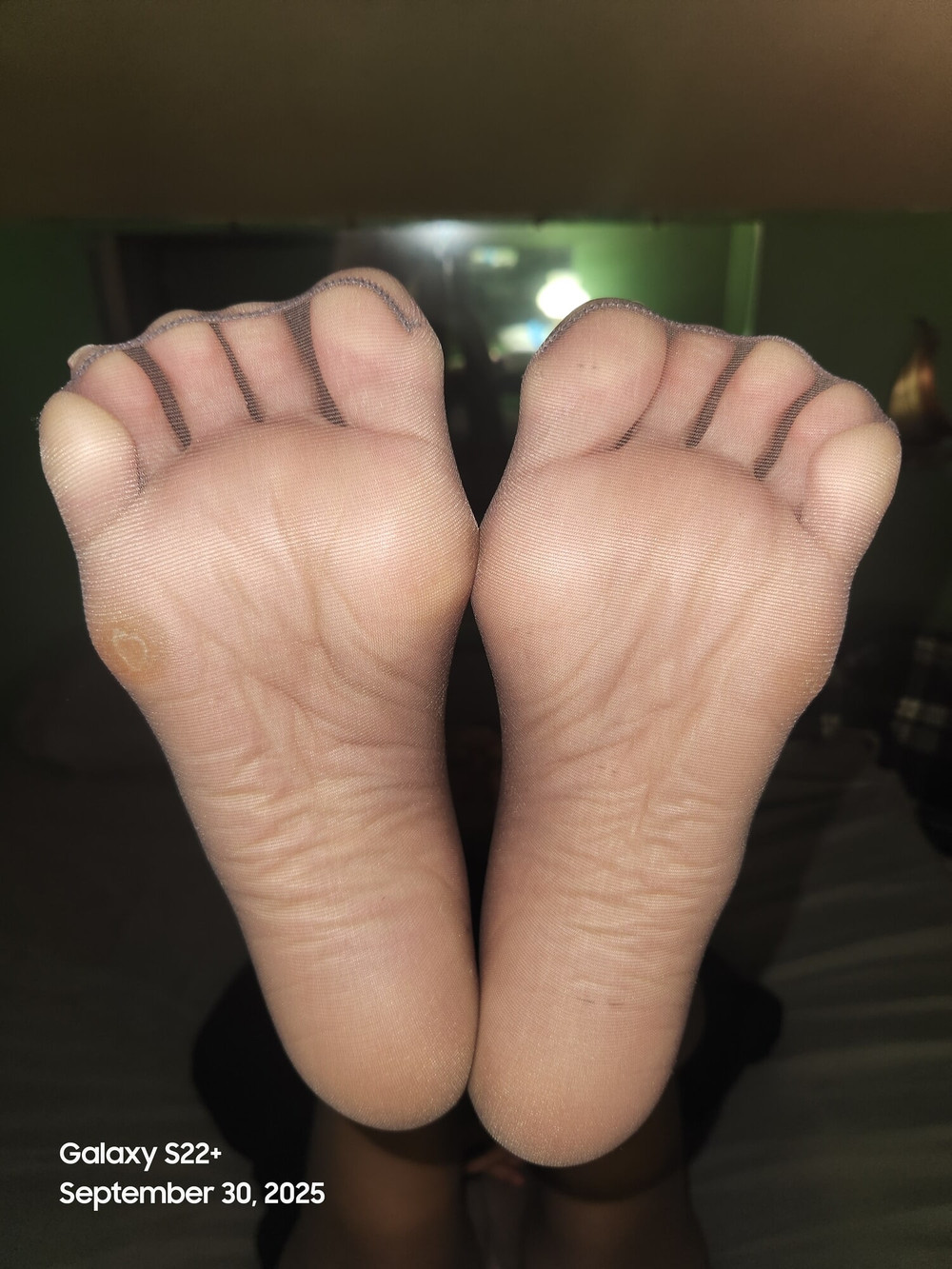 Goode Girl shows off toes bare foot and in silver nylons  #7