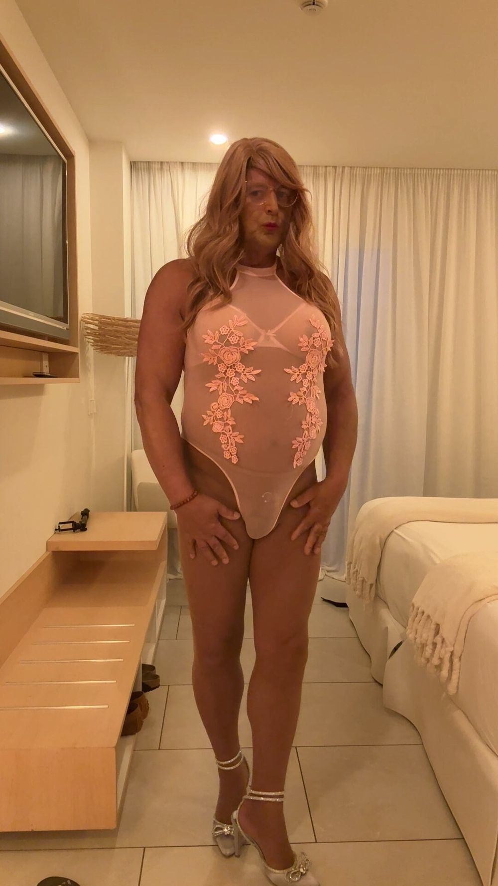 Sexy Crossdresser kellycd2022 in pink bodysuit and pantyhose #35