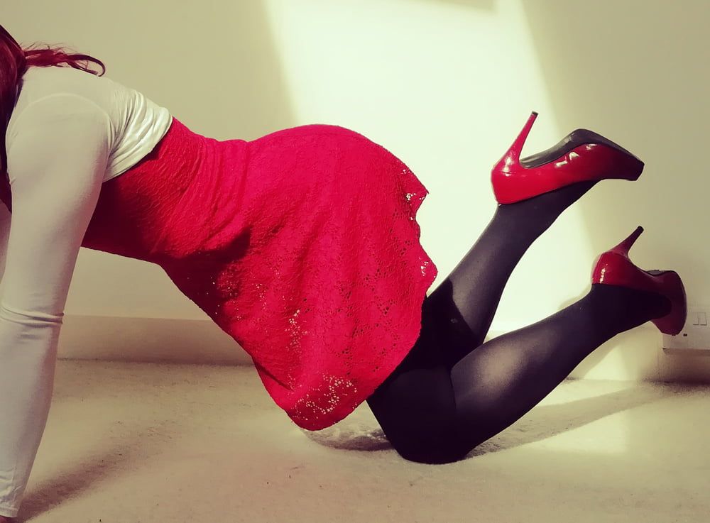 Marie crossdresser in red dress and opaque tights #14