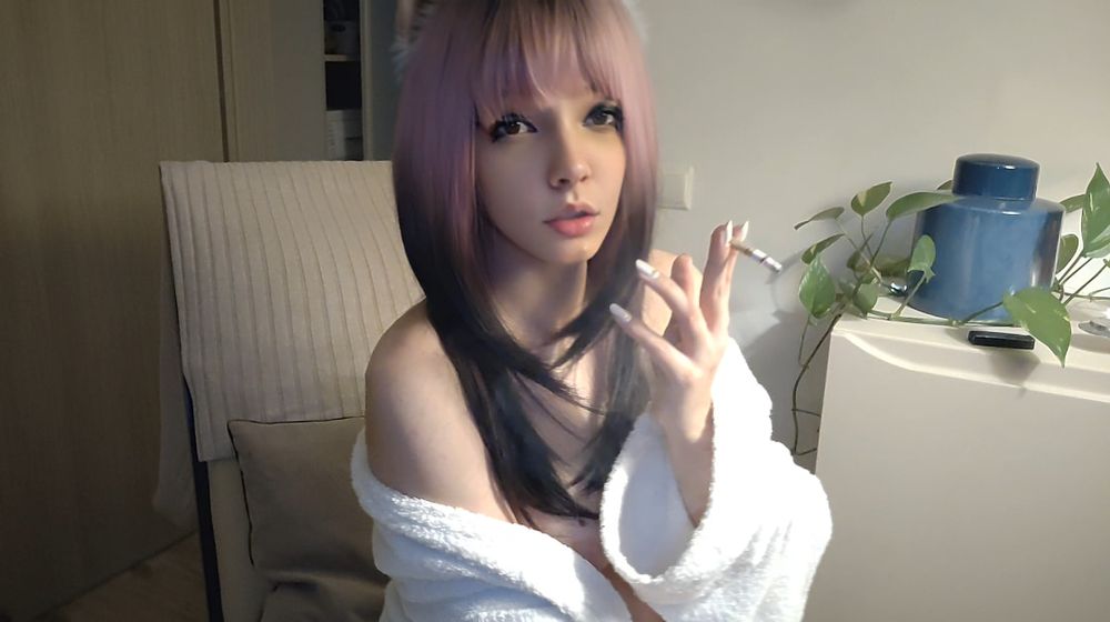 Small titties Egirl in bathrobe smoking #11