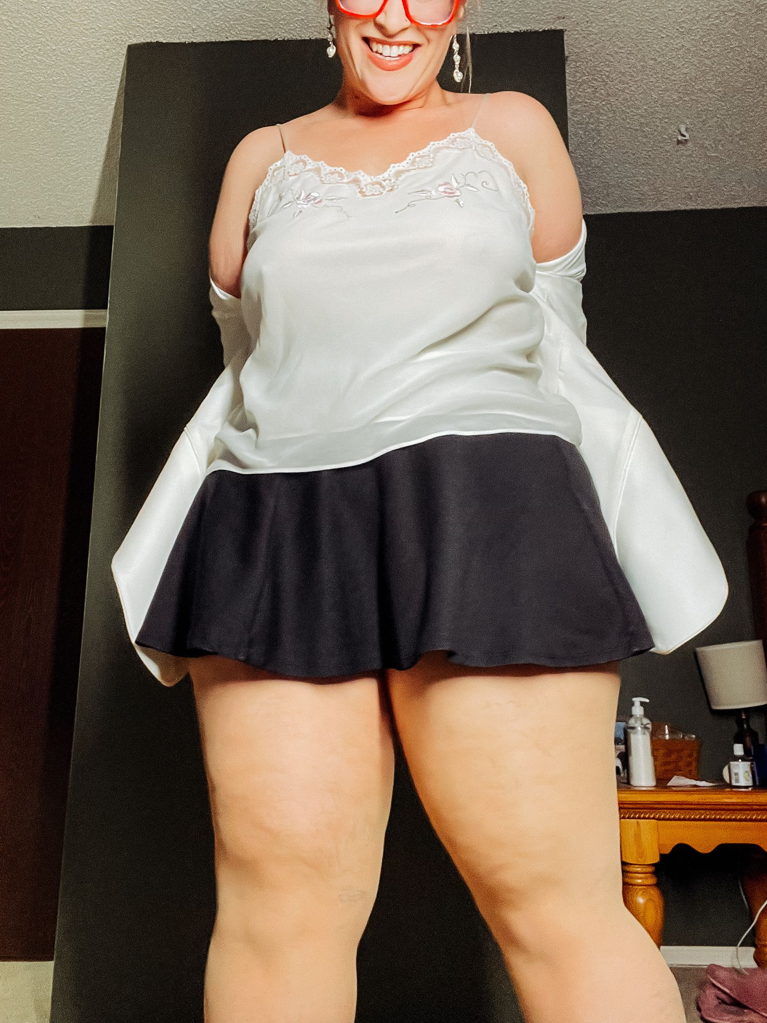 BBW in a mini black skirt and nylons with heels Big Thighs #22