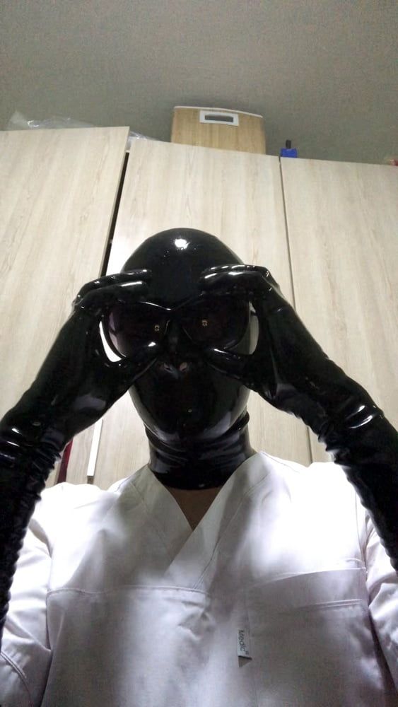 Latex mask and black fetish gloves with medical scrubs  #3