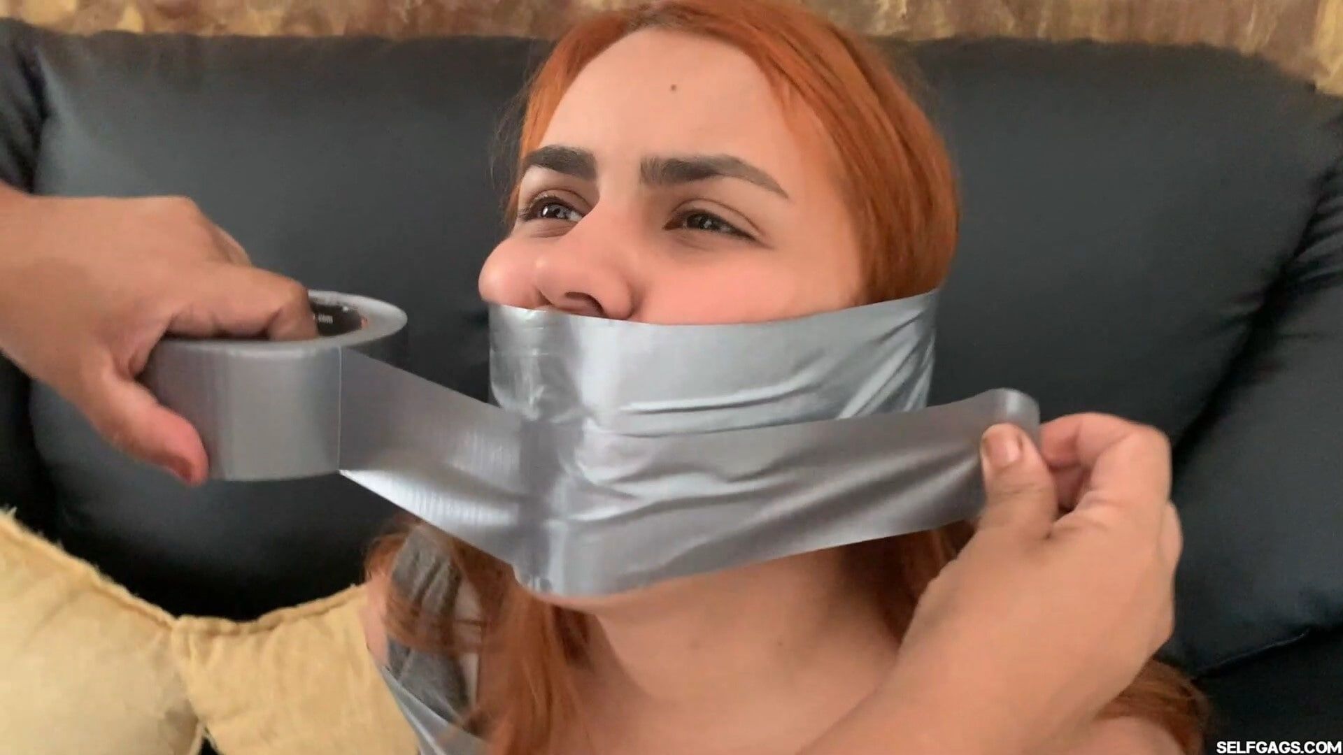 Hogtaped Student Lectured With Foot Whipping In Tape Bondage #13