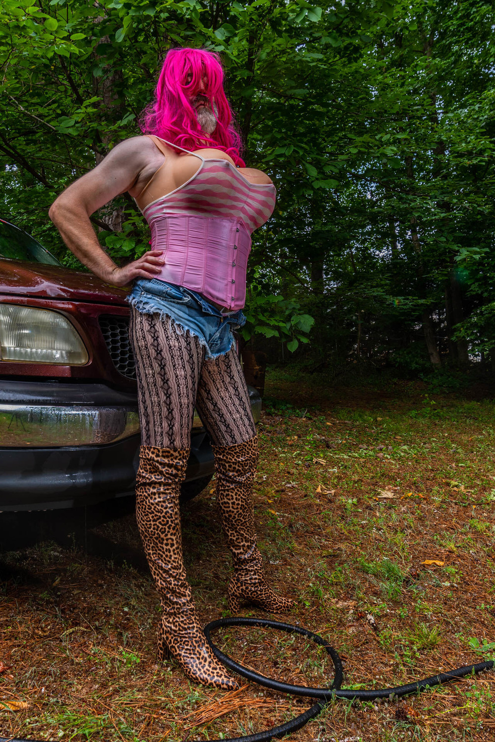 Gigantic fake tits crossdresser washing my truck in Daisy Du #25