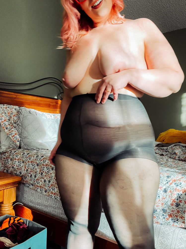 BBW in black pantyhose pulling them up over my fat ass #6