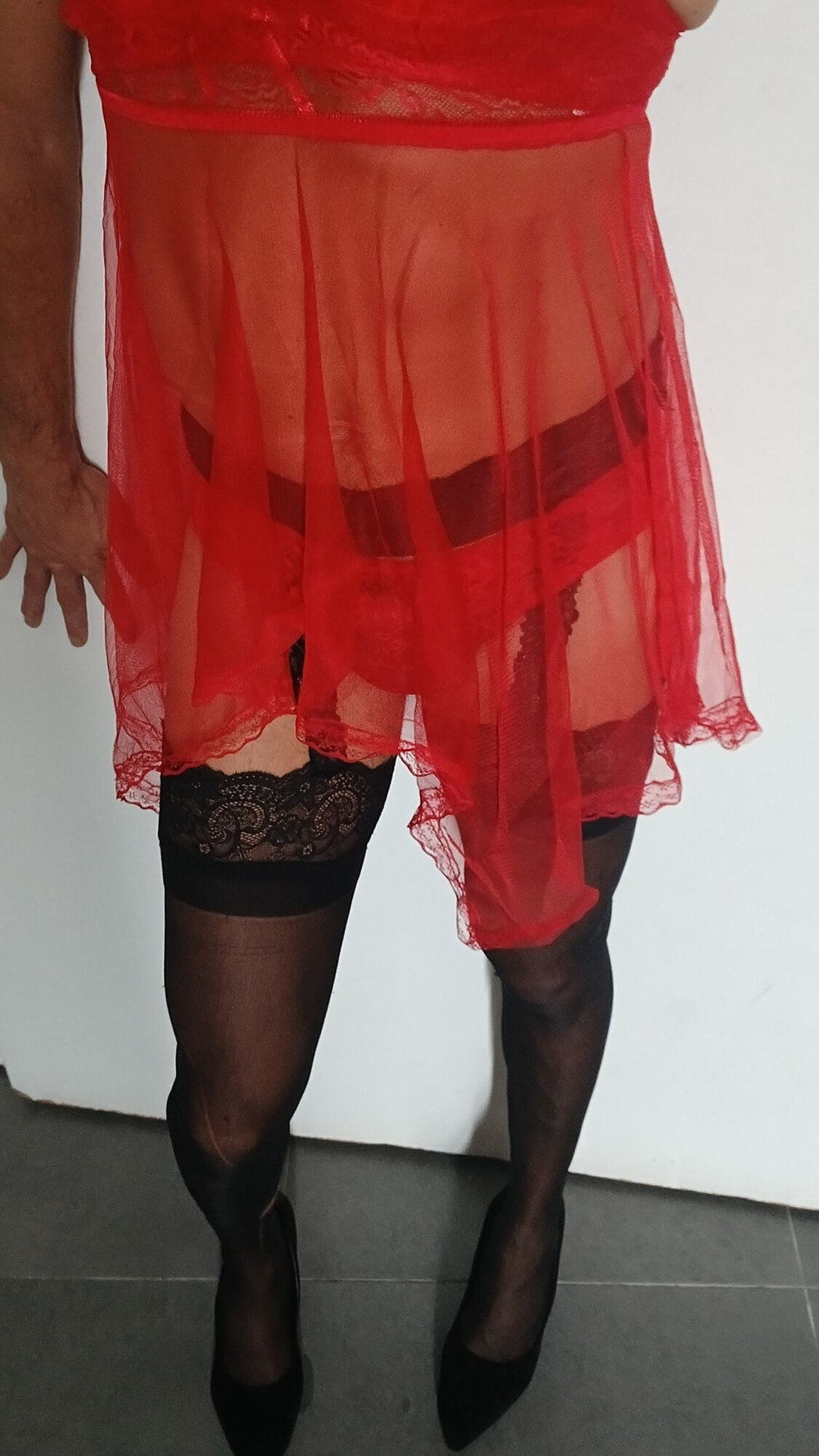 Red nightie black stoking high heels  #23