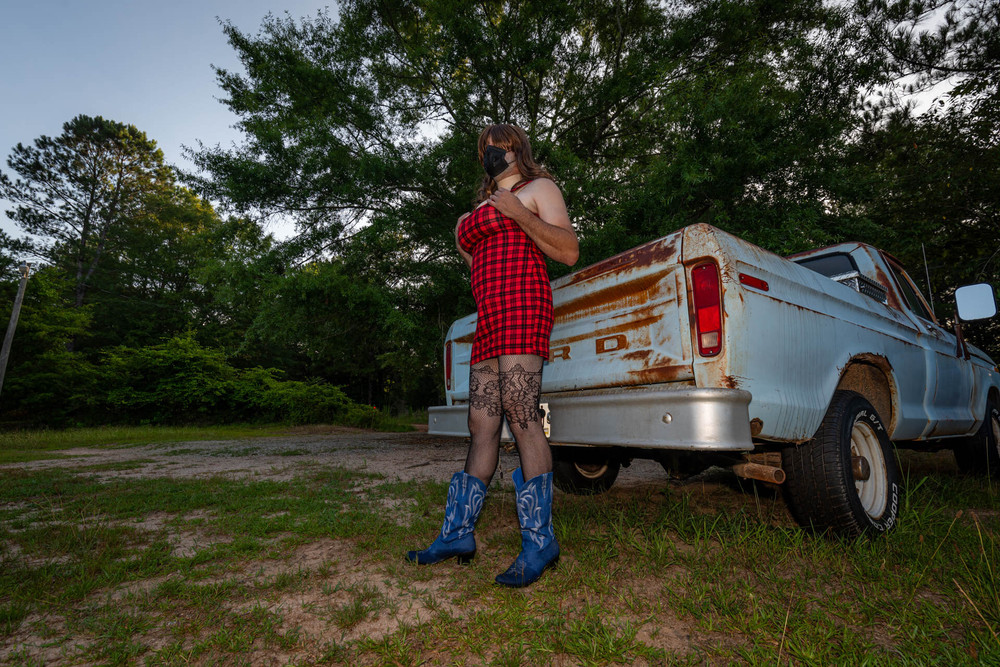 Jon Scarecrow Big Fake tits Crossdresser in Snug Plaid Dress #34