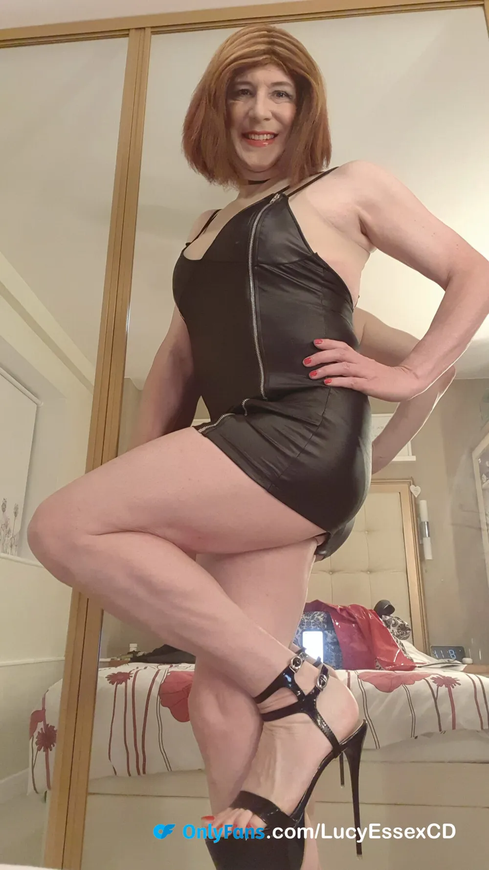 Flashing my black panties in my new black leather look dress #3