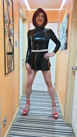 sissy lucy in latex skater dress and chastity         