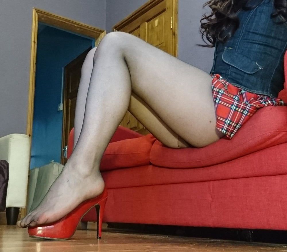 Crossdresser Marie in tartan mini skirt and sheer pantyhose #8