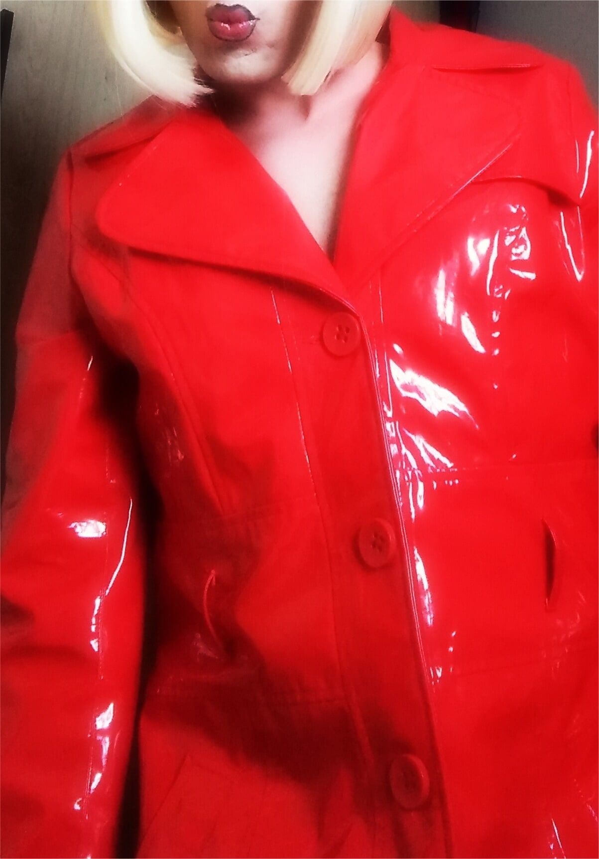 Red Latex Trench Coat for the sidewalk