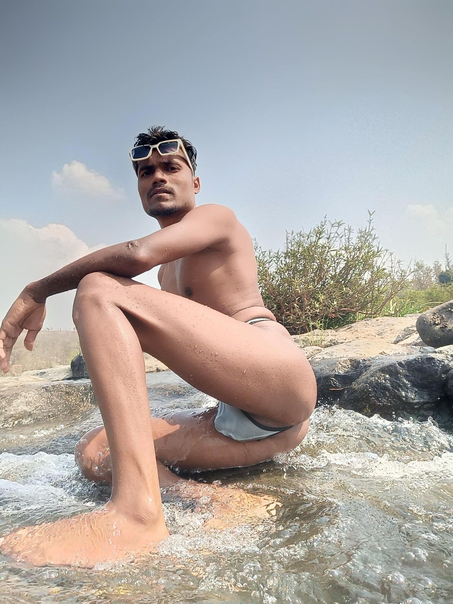 Hot muscular gym boy outdoor in river bathing enjoying swimm #43