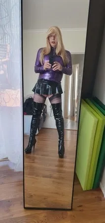 purple latex and long blonde         