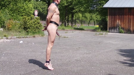 Naked & submissive Slave erected outdoor