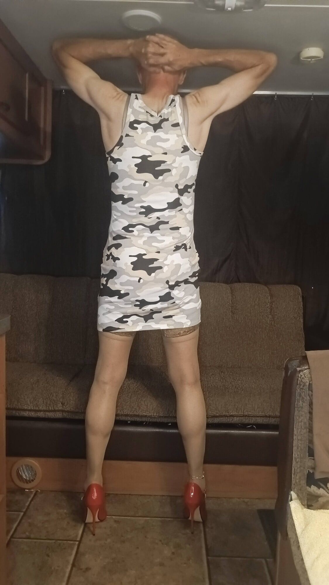 Faggot Andrew Brown in Camo Dress, Thigh Highs and Heels #9