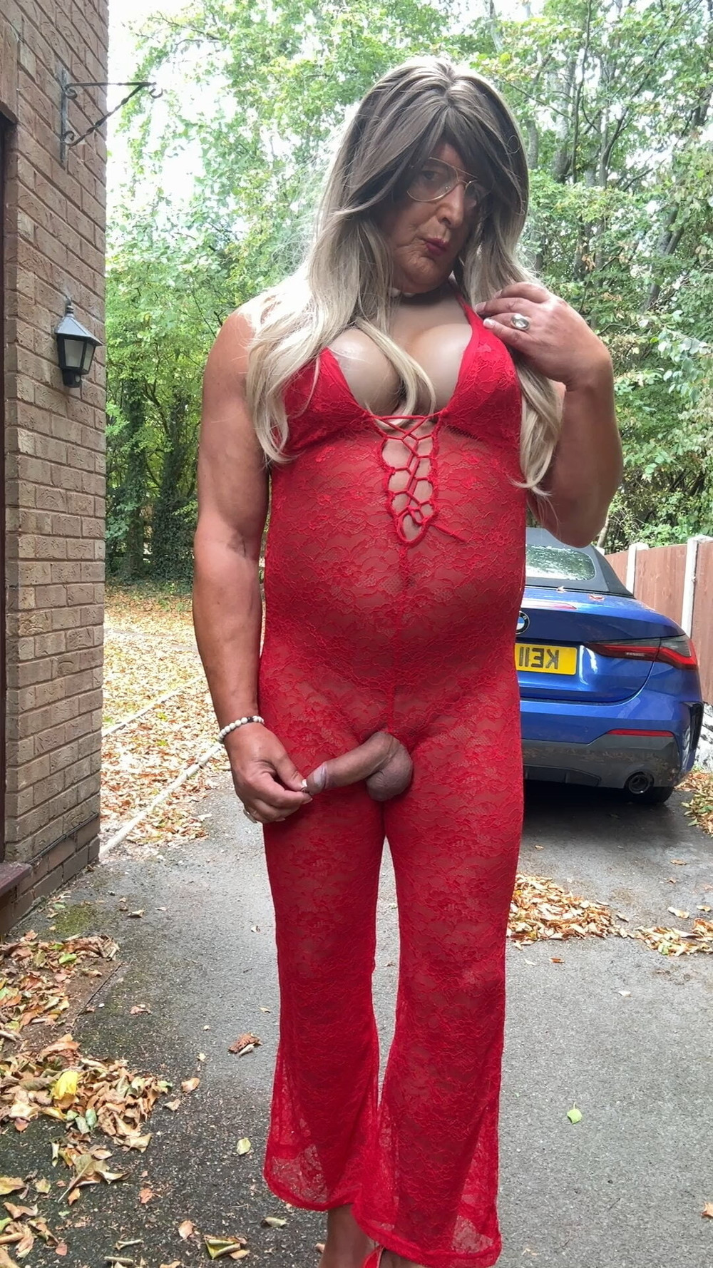 Sexy Crossdresser kellycd2022 in red lace jumpsuit and heels #39