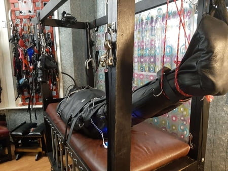 Leather Bondage Bag and CBT Parachute Stretching