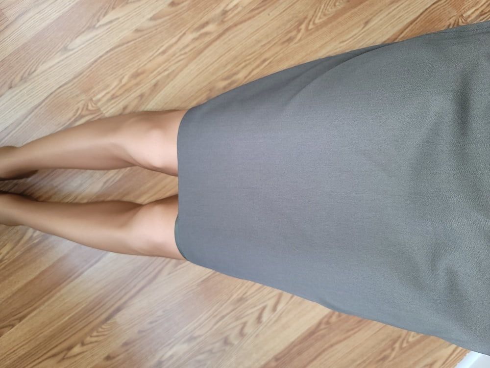 Lined green office pencil skirt with glossy pantyhose  #24