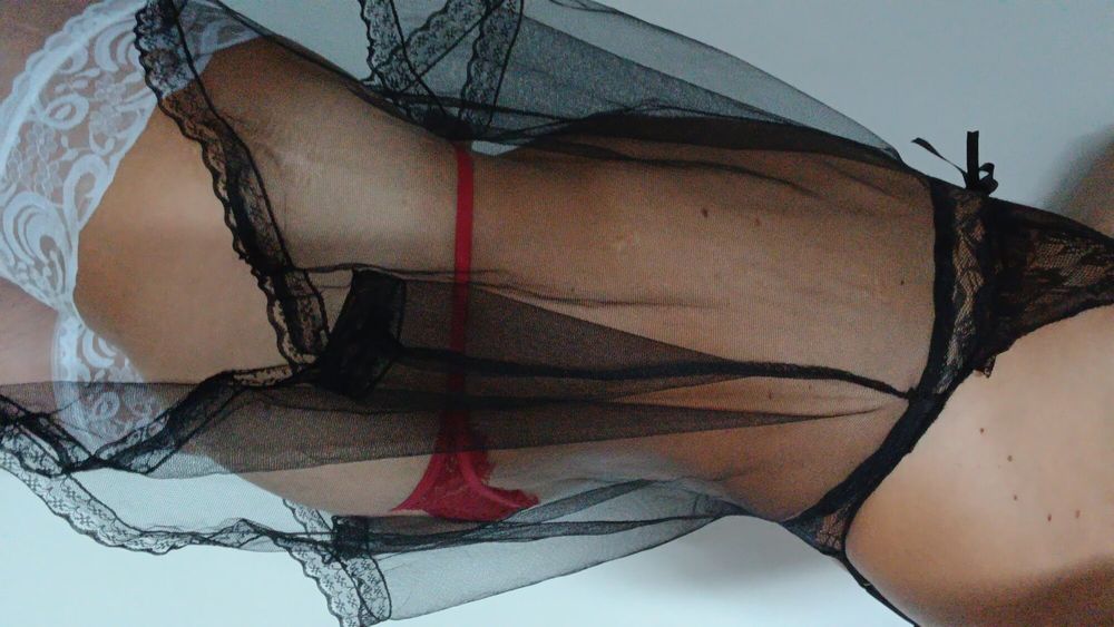 Sexy transparent BLACK nightie RED pantie WHITE stoking #4