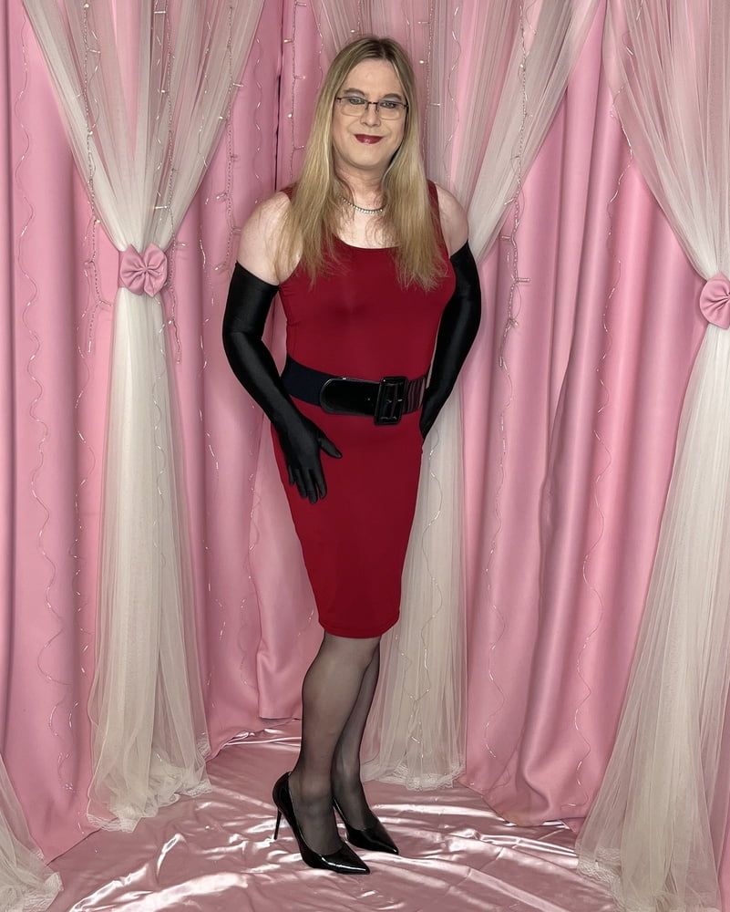 Joanie - Red Dress and Y Strap Garter Belt #2