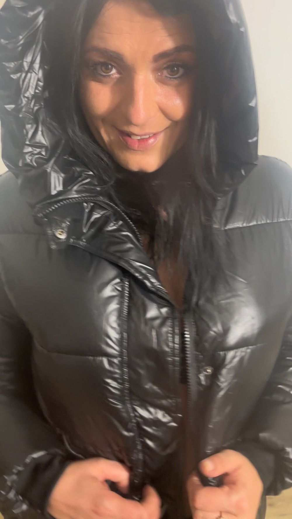 Cozy & Seductive – Long Puffy Jacket with Black Stockings #5