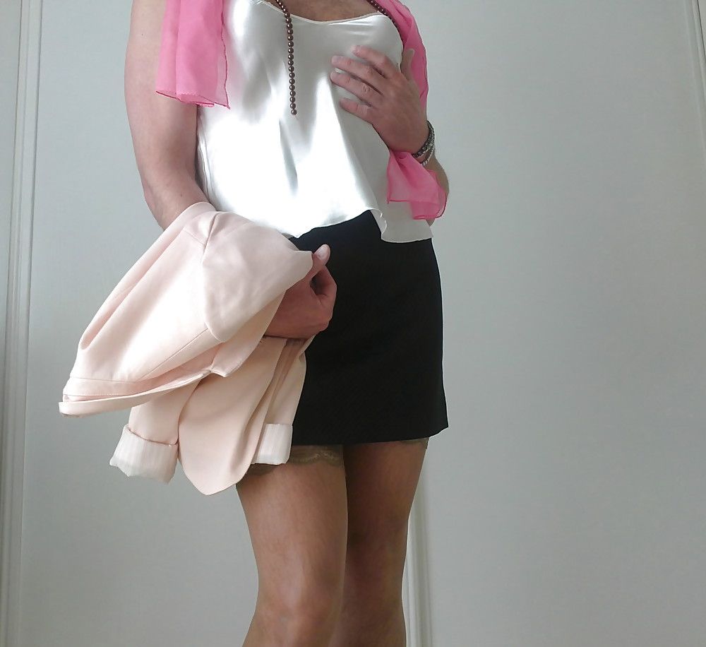 classy lady, short skirt satin lingerie and stockings #4